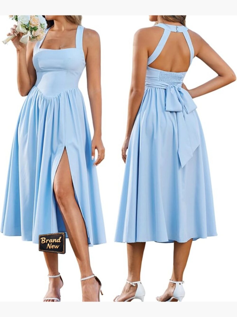 Halter Midi Corset Flowy Bow Tie Slit Summer Wedding Guest Dress